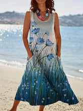 Load image into Gallery viewer, Women's Blue Flowers Butterfly Pocket Pinafore Linen Dress