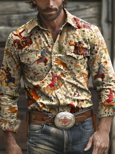 Men's Vintage Western Floral And Boot Print Shirt