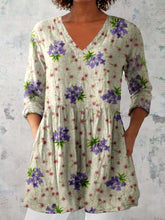 Load image into Gallery viewer, Women's Elegant Floral Pattern Round Neck Cotton and Linen Top