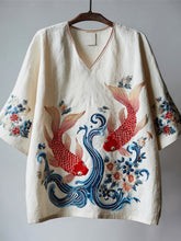 Load image into Gallery viewer, Japanese Goldfish Wave Embroidery Women's Linen V-neck Shirt