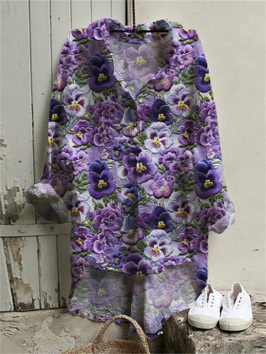 Women's Floral Embroidery Pattern Button T-Shirt