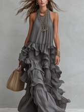 Load image into Gallery viewer, Elegant Grey Romantic Layered Ruffle Long Dress