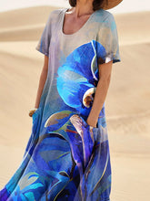 Load image into Gallery viewer, Blue Phalaenopsis Floral Art Printed Women's Linen Pocket Dress