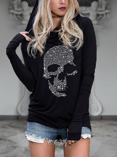 Women's Rhinestone Skull Print Casual Hoodie