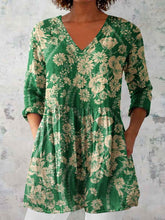 Load image into Gallery viewer, Women's Elegant Floral Pattern Round Neck Cotton and Linen Top