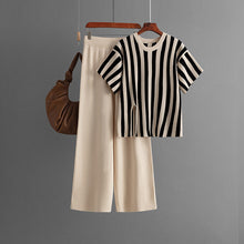 Load image into Gallery viewer, Casual Vertical Stripe Slit Top &amp; High Waist Solid Color Pants Two-Piece Set