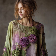 Load image into Gallery viewer, Vintage Purple Roses Forest Patchwork Flowy Linen Tunic