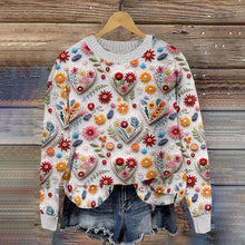 Load image into Gallery viewer, Heart Floral Print Crew Neck Knitted Sweater