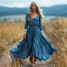 Load image into Gallery viewer, Women's Vintage Pastoral Style V-neck Linen Long-sleeve Maxi Long Dress