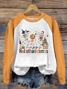 Women's Hallothanksmas Dancing Skeleton Print Sweatshirt