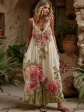 Load image into Gallery viewer, Women Vintage Floral Embroidery Art V Neck Linen Maxi Dress