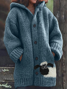 Fuzzy Sheep Peeking Knit Cozy Hooded Cardigan