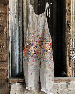 Fashion Oil Painting Style Floral Women Casual Linen Jumpsuits