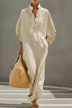 Load image into Gallery viewer, Women's Oatmeal Linen Dress With Mandarin Collar &amp; Dolman Sleeves, Timeless Resort-Casual Style Dress