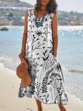 Load image into Gallery viewer, Line Drawing Spring Field Pattern Printed Women's Pocket Pinafore Linen Dress