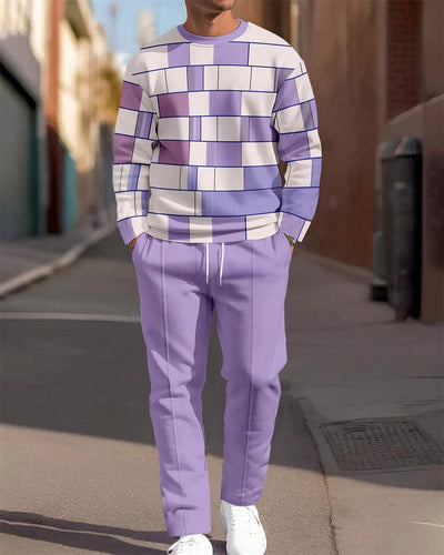 Men's Simple Colorblock Round Neck Casual Sports Set 0182