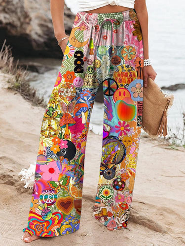 Women's Retro Hippie Peace and Love Printed Casual Pants