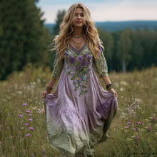 Load image into Gallery viewer, Women's Vintage Purple Floral Linen Long Sleeve Dress