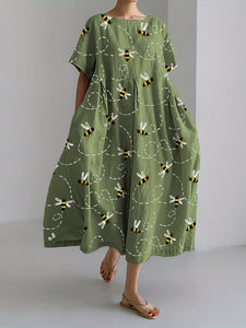 Flying Bees Embroidery Pattern Linen Blend Maxi Dress