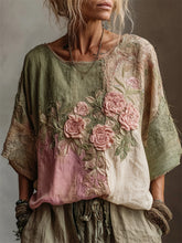 Load image into Gallery viewer, Vintage Pink Roses Embroidered Contrast Patchwork Linen Shirt