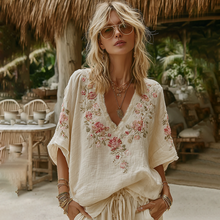 Load image into Gallery viewer, Vintage Pink Roses Art V Neck Linen Tunic