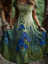 Load image into Gallery viewer, Oil Painting Inspired Irises Embroidered Flowy Linen Dress