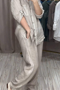Cotton And Linen Patchwork Sequined Top And Pants Two-piece Set