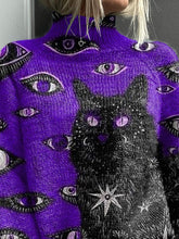 Load image into Gallery viewer, Sacred Black Cat Art Printed Knit Turtleneck Pullover Sweater