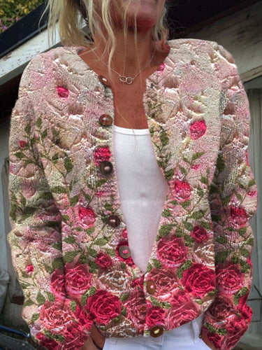 Floral Embroidery Art Print Buttoned Cardigan Sweater