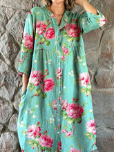 Load image into Gallery viewer, Women&#39;s Rose Floral Pattern Shirt Style Cotton and Linen Dress