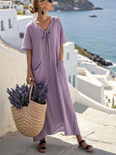Load image into Gallery viewer, Women's Loose Solid Color Tie V-Neck Pocket Dress