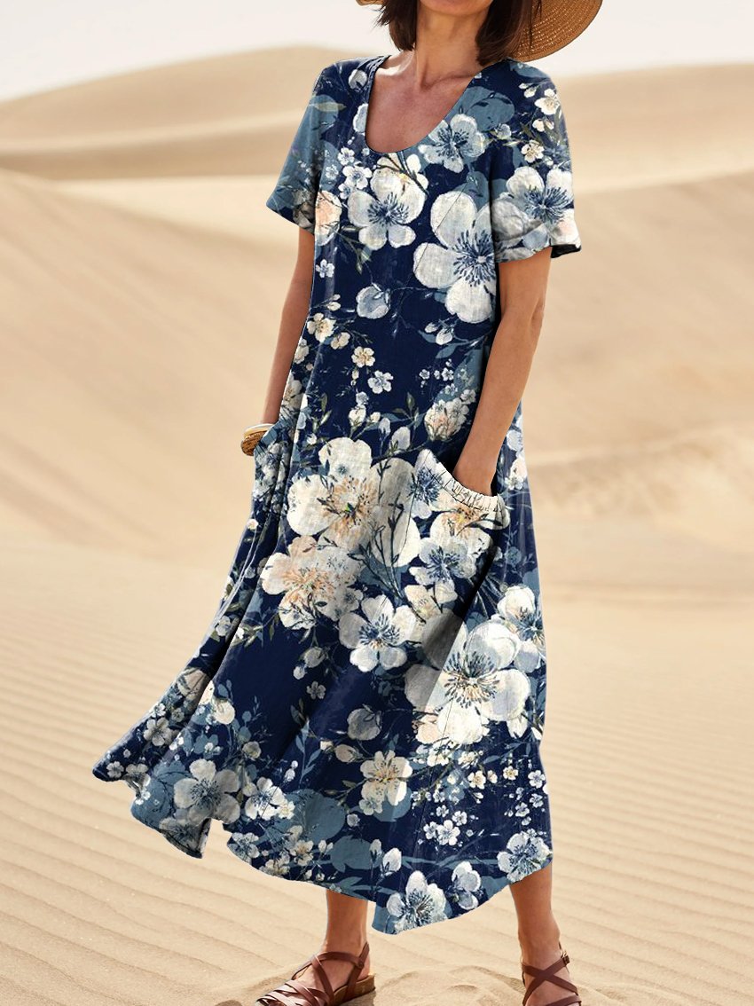 Elegant Dark Blue Floral Print Women's Linen Pocket Dress – fashionsully