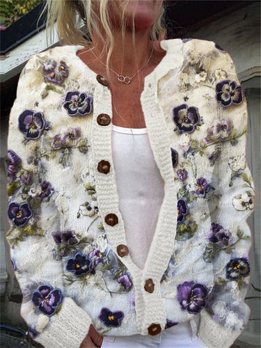 Pansy Floral Embroidered Lace Cozy Knit Cardigan