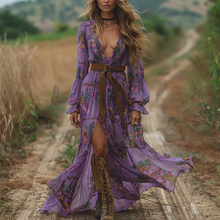 Load image into Gallery viewer, Women's Retro V-neck Floral Long-sleeve Bohemian Pastoral Style Maxi Long Dress