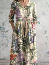 Load image into Gallery viewer, Women&#39;s Elegant V-Neck Floral Pattern Cotton and Linen Dress