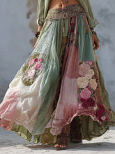 Load image into Gallery viewer, Boho Roses Embroidered Vintage Patchwork Flowy Linen Skirt
