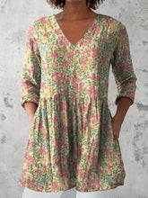 Load image into Gallery viewer, Women's Retro Floral Art Print Casual Cotton And Linen V-neck Top