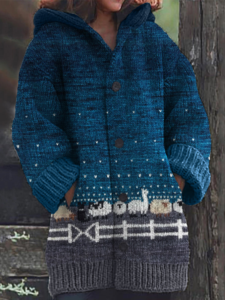 Vintage Farm Animals Inspired Knit Cozy Hooded Cardigan