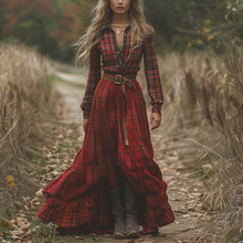 Load image into Gallery viewer, Women's Retro V-neck Plaid Long-sleeve Bohemian Pastoral Style Maxi Long Dress