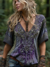 Load image into Gallery viewer, Vintage Rose Celtic Knot Embroidery Art Linen Blend Shirt