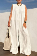 Load image into Gallery viewer, Plus Size White Casual Round-neck Sleeveless Wide Leg Jumpsuits