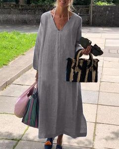 Casual Vintage Pure Color V Neck Linen Cotton Dress