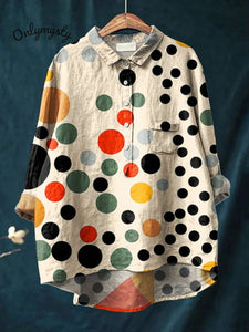 Women's Colored Polka Dots Print Casual Cotton And Linen Shirt