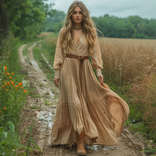 Load image into Gallery viewer, Women's Retro V-neck Country Pastoral Linen Style Long-sleeve Casual Maxi Long Dress
