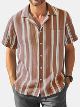 Load image into Gallery viewer, Men's Hawaiian Simple Striped Faux Linen Comfortable Short Sleeve Cuban Collar Shirt
