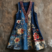 Load image into Gallery viewer, Japanese Art Vintage Floral Embroidery Women's Linen V-neck Vest Dress
