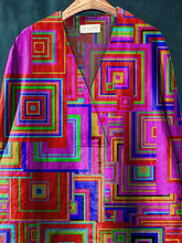 Load image into Gallery viewer, Colorful Geometric Square Pattern Printed Women's Casual Cotton And Linen V-Neck Shirt