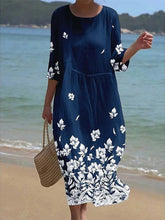 Load image into Gallery viewer, Women's Casual  Round Neck Mid Sleeve Print Cotton and Linen Dress