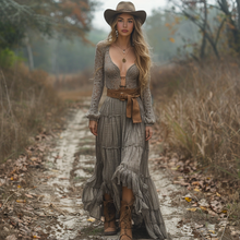Load image into Gallery viewer, Women's Retro V-neck Country Pastoral Linen Style Long-sleeve Casual Maxi Long Dress