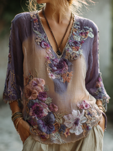 Load image into Gallery viewer, Women's Vintage Purple Floral Embroidery Art V-neck Shirt